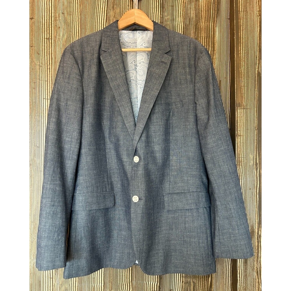 Tasso Elba Mens Blazer Woven Cotton Breathable Preppy Tropical Gray Size L 42-44